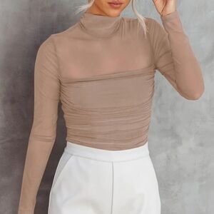 Two Mesh Bodysuits Long-Sleeve size Medium Nude & Red